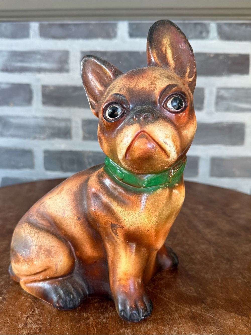 VTG French Bulldog Chalkware Figurine Collectible Green Collar Brown Frenchie
